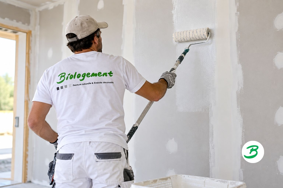 artisan qui applique une primaire d'accroche sur  BA13 avant application du béton ciré